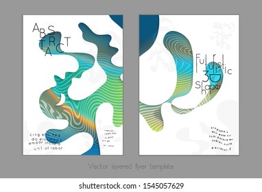 Abstract universal flyer templates with simple wavy shapes and cut out paper with shadow over striped background. Social media web banner. Bright colored isolated.
