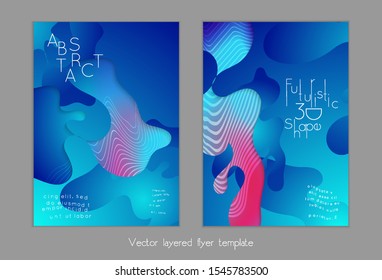 Abstract universal flyer templates with simple wavy shapes and cut out paper with shadow over striped background. Social media web banner. Bright colored isolated.