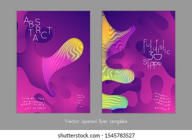 Abstract universal flyer templates with simple wavy shapes and cut out paper with shadow over striped background. Social media web banner. Bright colored isolated.