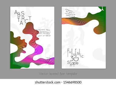 Abstract universal flyer templates with simple wavy shapes and cut out paper with shadow over striped background. Social media web banner. Bright colored isolated.