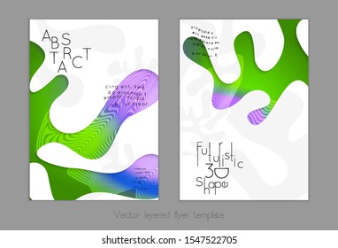 Abstract universal flyer templates with simple wavy shapes and cut out paper with shadow over striped background. Social media web banner. Bright colored isolated.