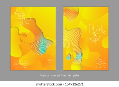 Abstract universal flyer templates with simple wavy shapes and cut out paper with shadow over striped background. Social media web banner. Bright colored isolated.