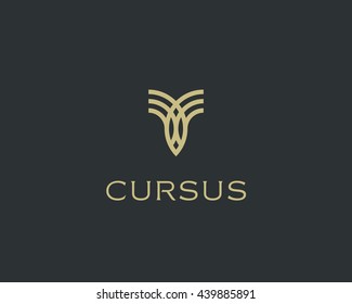 Abstract universal premium logo design. Creative bull horns line symbol. Luxury letter pencil wings bird logotype.