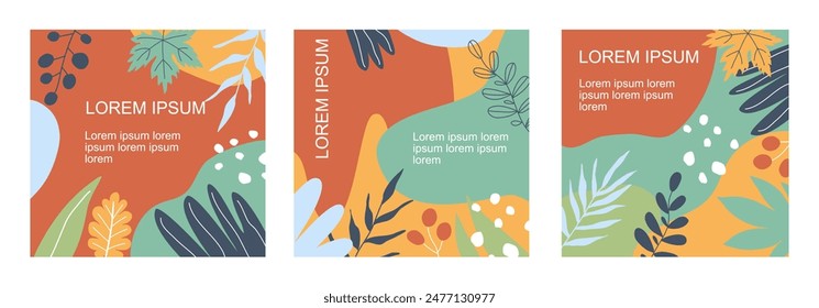 Abstract universal templates in autumn colors. Trendy contemporary art with autumn leaves. Vector set of abstract backgrounds with copy space for text - autumn sale - bright vibrant banners, posters.