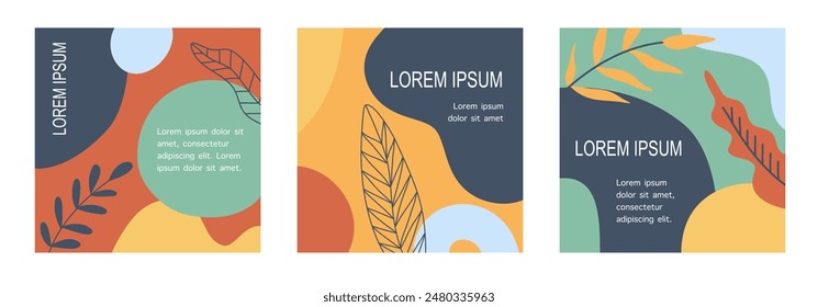 Abstract universal templates in autumn colors. Trendy contemporary art with autumn leaves. Vector set of abstract backgrounds with copy space for text - autumn sale - bright vibrant banners, posters.