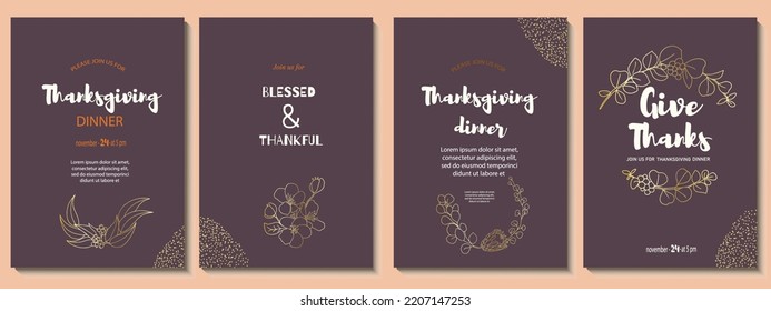 Abstract universal templates with hand drawn golden line drawings of flowering half wreaths, semicircle of orchid, protea, eucalyptus, apple tree, for brochure, advertising, thanksgiving, wedding day. svg