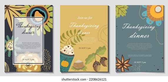 Abstract Universal Templates Set In Autumn Palette With Leaves, Flowers, Acorn, Walnut, Maple Leaf, Cinnamon And Golden Line For Brochure, Web Publishing, Advertising, Thanksgiving Invitation.