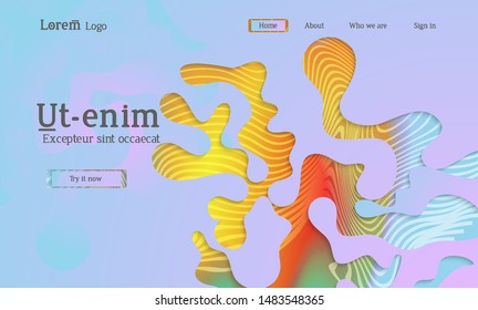 Abstract universal web template with simple wavy shapes and cut out paper with shadow over striped background. Social media web banner. Bright colored isolated.