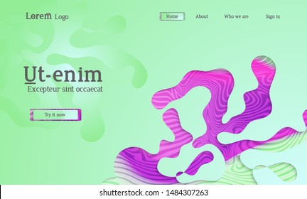 Abstract universal web template with simple wavy shapes and cut out paper with shadow over striped background. Social media web banner. Bright colored isolated.