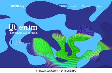 Abstract universal web template with simple wavy shapes and cut out paper with shadow over striped background. Social media web banner. Bright colored isolated.