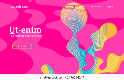 Abstract universal web template with simple wavy shapes and cut out paper with shadow over striped background. Social media web banner. Bright colored isolated.