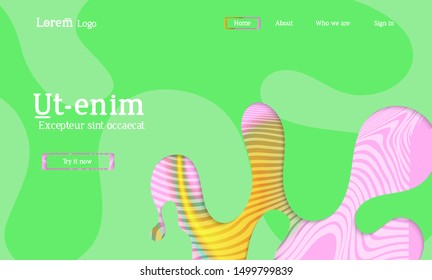 Abstract universal web template with simple wavy shapes and cut out paper with shadow over striped background. Social media web banner. Bright colored isolated.