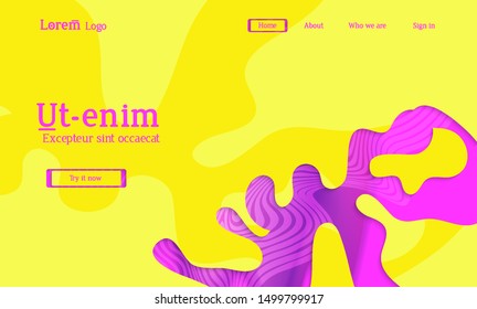 Abstract universal web template with simple wavy shapes and cut out paper with shadow over striped background. Social media web banner. Bright colored isolated.