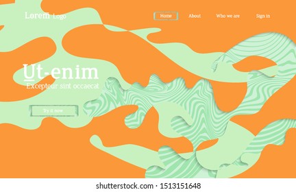 Abstract universal web template with simple wavy shapes and cut out paper with shadow over striped background. Social media web banner. Bright colored isolated.