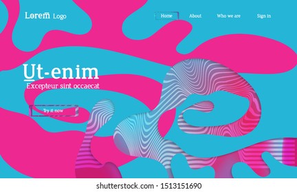 Abstract universal web template with simple wavy shapes and cut out paper with shadow over striped background. Social media web banner. Bright colored isolated.