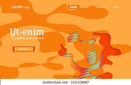 Abstract universal web template with simple wavy shapes and cut out paper with shadow over striped background. Social media web banner. Bright colored isolated.