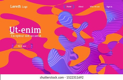 Abstract universal web template with simple wavy shapes and cut out paper with shadow over striped background. Social media web banner. Bright colored isolated.