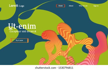 Abstract universal web template with simple wavy shapes and cut out paper with shadow over striped background. Social media web banner. Bright colored isolated.