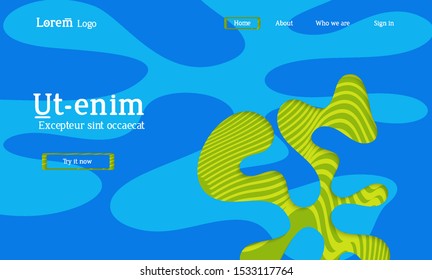 Abstract universal web template with simple wavy shapes and cut out paper with shadow over striped background. Social media web banner. Bright colored isolated.