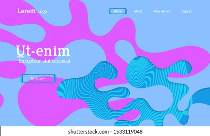 Abstract universal web template with simple wavy shapes and cut out paper with shadow over striped background. Social media web banner. Bright colored isolated.