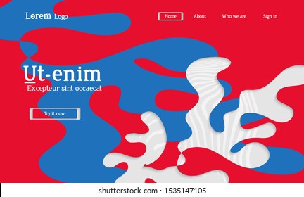 Abstract universal web template with simple wavy shapes and cut out paper with shadow over striped background. Social media web banner. Bright colored isolated.