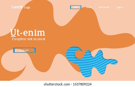 Abstract universal web template with simple wavy shapes and cut out paper with shadow over striped background. Social media web banner. Bright colored isolated.