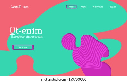 Abstract universal web template with simple wavy shapes and cut out paper with shadow over striped background. Social media web banner. Bright colored isolated.