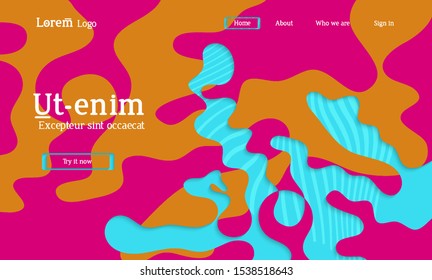 Abstract universal web template with simple wavy shapes and cut out paper with shadow over striped background. Social media web banner. Bright colored isolated.