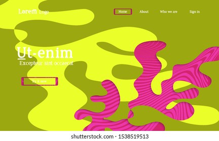 Abstract universal web template with simple wavy shapes and cut out paper with shadow over striped background. Social media web banner. Bright colored isolated.