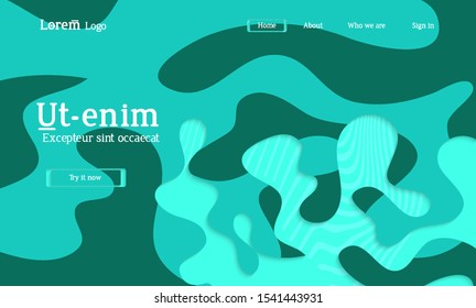 Abstract universal web template with simple wavy shapes and cut out paper with shadow over striped background. Social media web banner. Bright colored isolated.