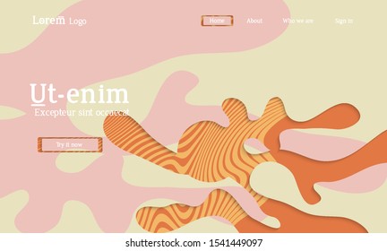 Abstract universal web template with simple wavy shapes and cut out paper with shadow over striped background. Social media web banner. Bright colored isolated.