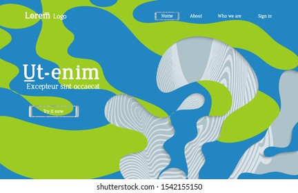 Abstract universal web template with simple wavy shapes and cut out paper with shadow over striped background. Social media web banner. Bright colored isolated.