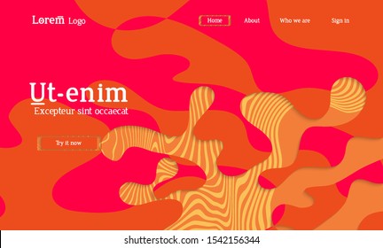 Abstract universal web template with simple wavy shapes and cut out paper with shadow over striped background. Social media web banner. Bright colored isolated.
