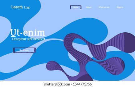 Abstract universal web template with simple wavy shapes and cut out paper with shadow over striped background. Social media web banner. Bright colored isolated.