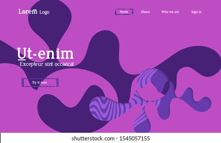 Abstract universal web template with simple wavy shapes and cut out paper with shadow over striped background. Social media web banner. Bright colored isolated.