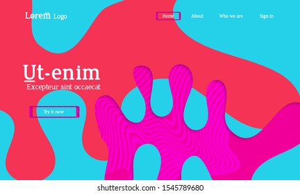 Abstract universal web template with simple wavy shapes and cut out paper with shadow over striped background. Social media web banner. Bright colored isolated.