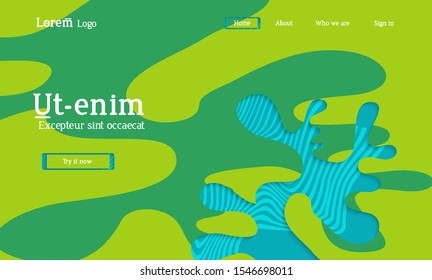 Abstract universal web template with simple wavy shapes and cut out paper with shadow over striped background. Social media web banner. Bright colored isolated.