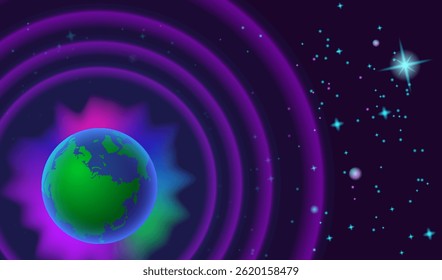 Abstract Universe Background. 3D Planet Earth, bright flashes and rays. Vector illustration 