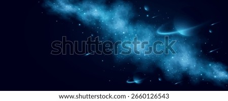 Abstract universe background with glowing stars, falling meteors, nebula clouds and planets in deep space. Futuristic outer space scene for sci-fi, astronomy or cosmic presentation. Vector.