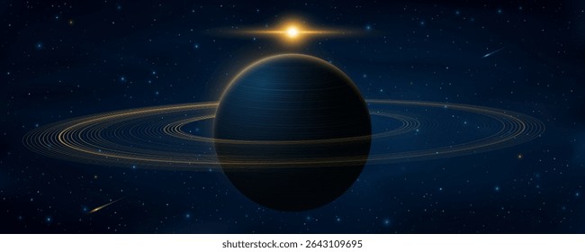 Resumo do universo com o planeta Saturno e anéis ao redor. Céu estrelado com meteoros caindo e efeito do sol brilhante. Fundo para apresentação científica. Ilustração vetorial.