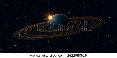 Abstract universe background. Solar system concept with planet Saturn and glowing sun. Starry sky with falling meteors. Scientific research presentation backdrop. Vector illustration