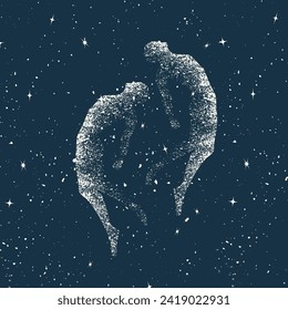 Abstract universe background with stars and esoteric geometric symbols. Human levitation silhouette in space