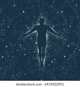 Abstract universe background with stars and esoteric geometric symbols. Human levitation silhouette