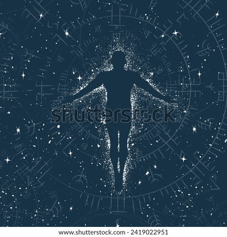 Abstract universe background with stars and esoteric geometric symbols. Human levitation silhouette