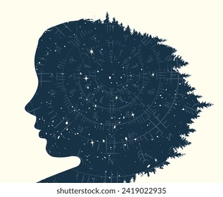 Abstract universe background with stars and esoteris symbols. Human face silhouette in space