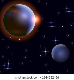 Abstract universe with planets and bright stars. Effects of halo light on a dark background, flashes of light. Vector space illustration.