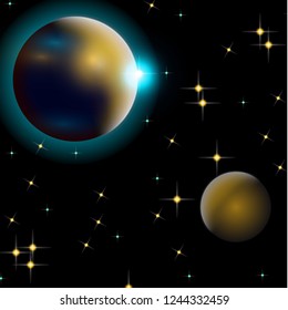 Abstract universe with planets and bright stars. Effects of halo light on a dark background, flashes of light. Vector space illustration.