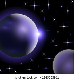Abstract universe with planets and bright stars. Effects of halo light on a dark background, flashes of light. Vector space illustration.