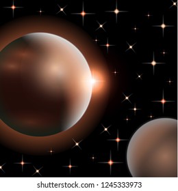 Abstract universe with planets and bright stars. Effects of halo light on a dark background, flashes of light. Vector space illustration.
