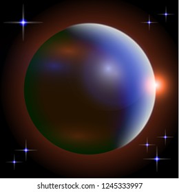 Abstract universe with planets and bright stars. Effects of halo light on a dark background, flashes of light. Vector space illustration.